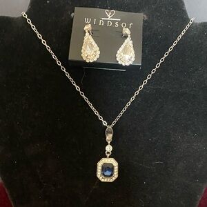 Windsor Rhinestone Earrings & Silver tone Rhinestone & Blue Gemstone Necklace